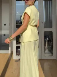 Minimalist Vest And Wide Leg Pants Suit-Pants