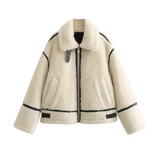 Faux Shearling Jacket | Contrast Trim | Zip Closure