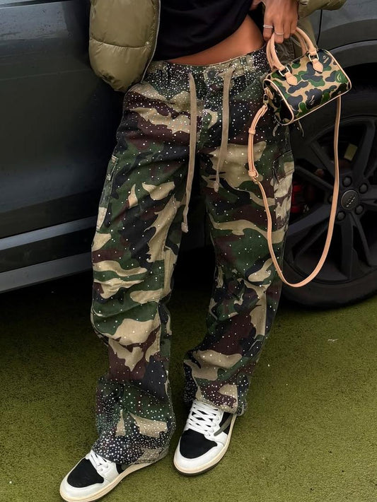 Camo Rhinestone Drawstring Cargo Pants