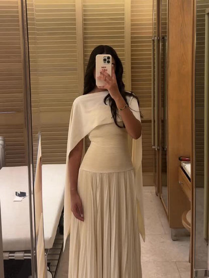 Strapless Ruched Bodice Pleated Maxi Dress With Cape