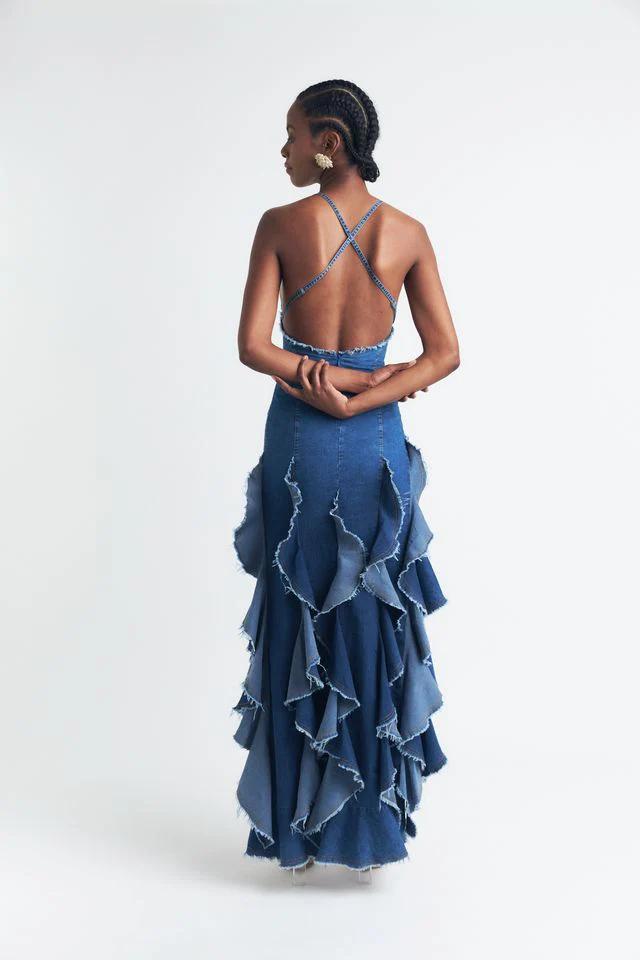 Bohemian Style Ruffled Denim Maxi Dress