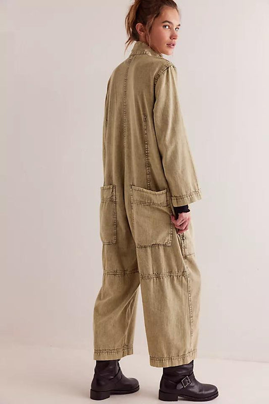 Beige Denim Utility Jumpsuit