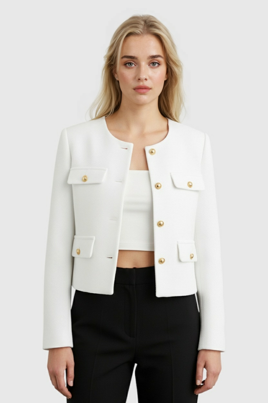 Gold-Button Pocket Jacket | Round Neck, Four Pocket Design