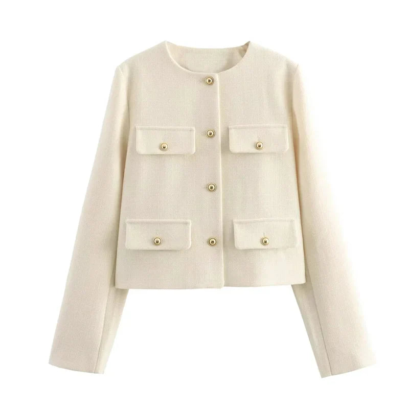 Women’s Cropped Jacket | Gold Button Detail | Structured Polyester Blend