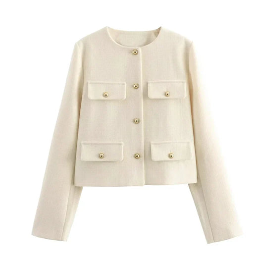 Women’s Cropped Jacket | Gold Button Detail | Structured Polyester Blend