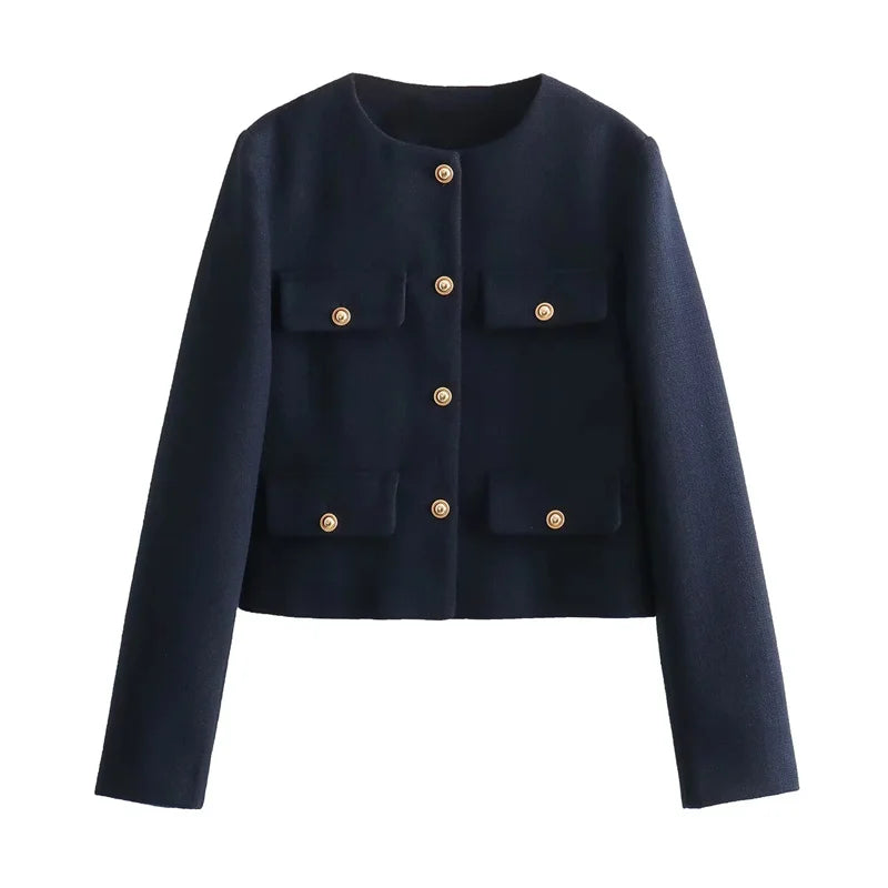 Women’s Cropped Jacket | Gold Button Detail | Structured Polyester Blend