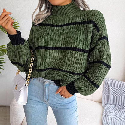 Striped Knit Sweater | High Neck | Relaxed Fit