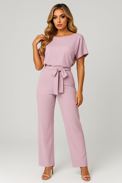 Wide Leg Short Sleeve Jumpsuit | Waist Tie | Boat Neck | Regular Fit