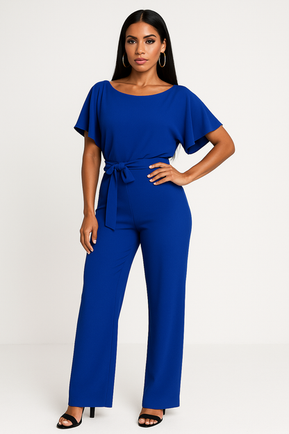 Wide Leg Short Sleeve Jumpsuit | Waist Tie | Boat Neck | Regular Fit