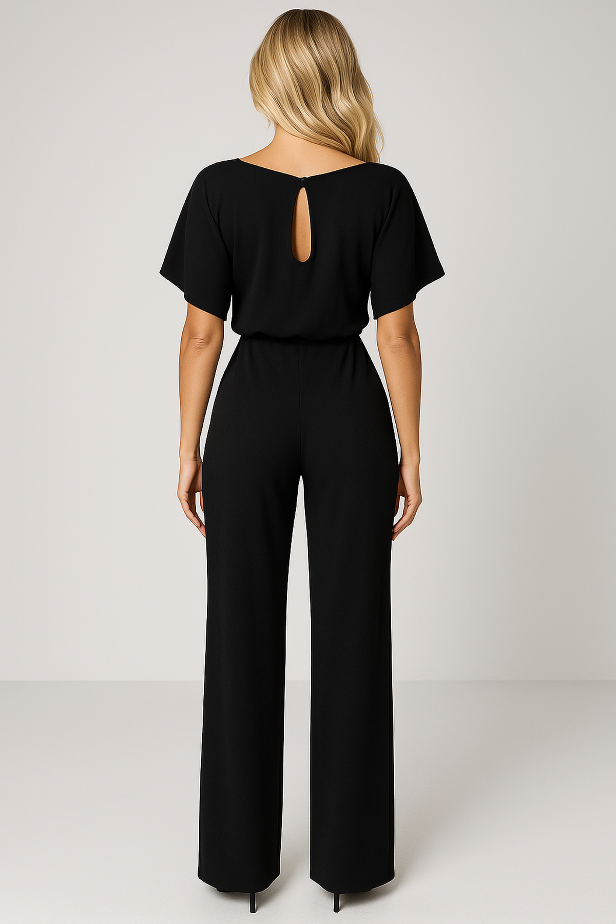 Wide Leg Short Sleeve Jumpsuit | Waist Tie | Boat Neck | Regular Fit