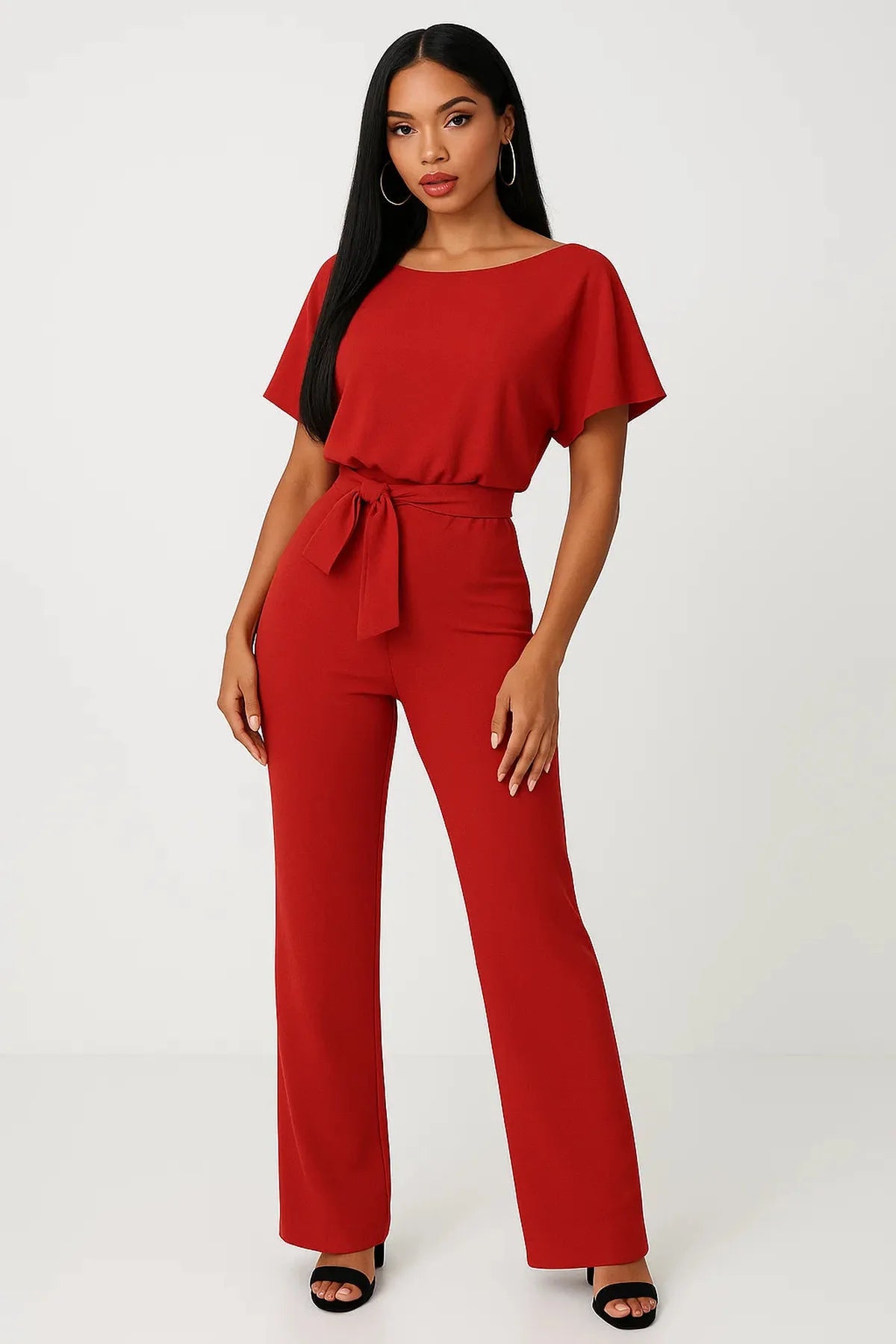 Wide Leg Short Sleeve Jumpsuit | Waist Tie | Boat Neck | Regular Fit