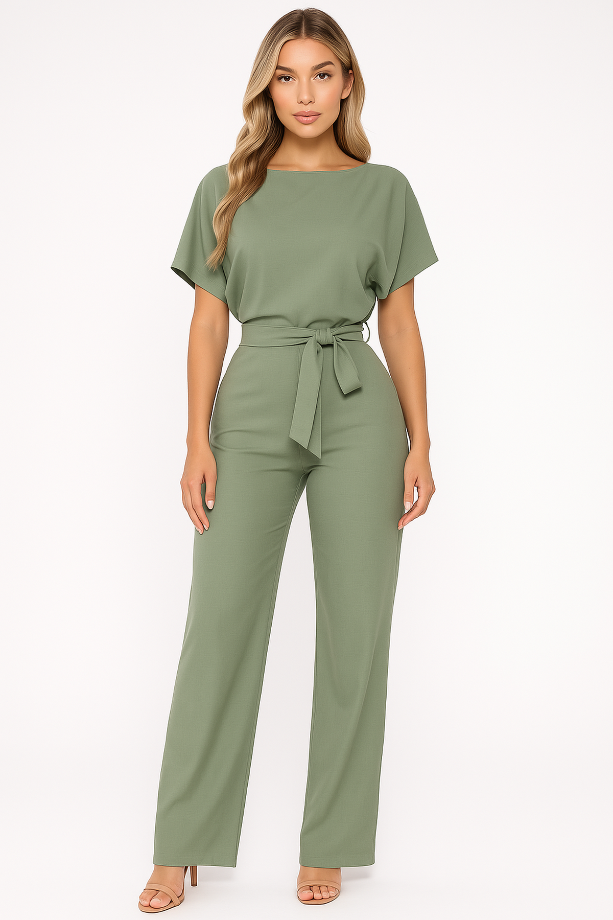 Wide Leg Short Sleeve Jumpsuit | Waist Tie | Boat Neck | Regular Fit