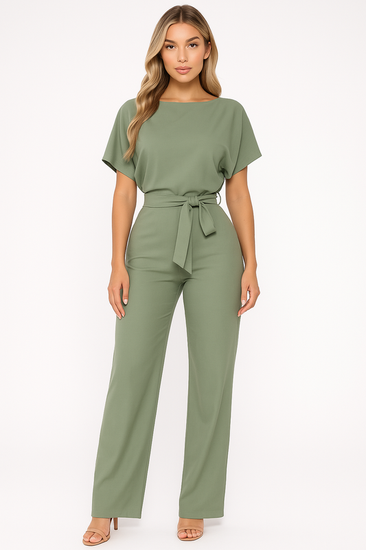 Wide Leg Short Sleeve Jumpsuit | Waist Tie | Boat Neck | Regular Fit