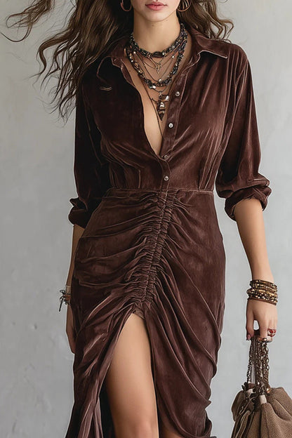 Vintage Button-stitched Pleated Velvet Midi Dress