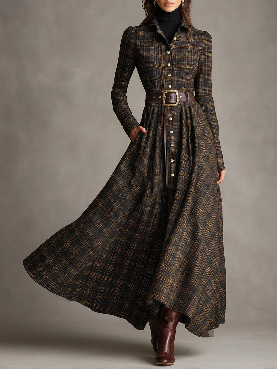 Plaid Lapel Single-Breasted Shirt Maxi Dress
