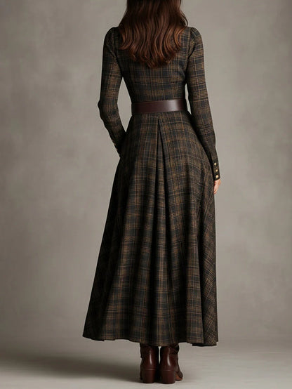 Plaid Lapel Single-Breasted Shirt Maxi Dress