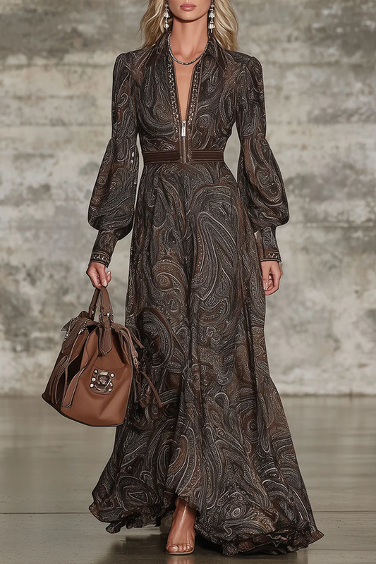 Elegant Vintage Paisley Zip Maxi Dress