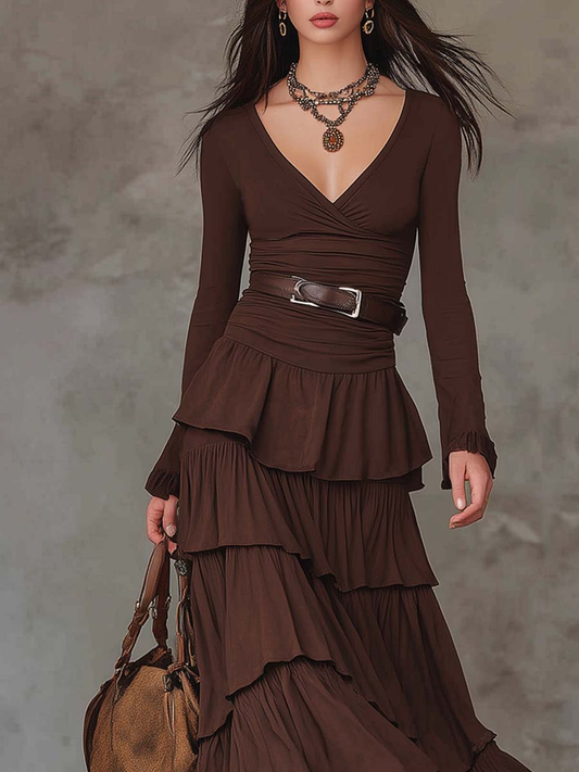 Brown Retro V-neck Multi-layered Ruffled Maxi Dress