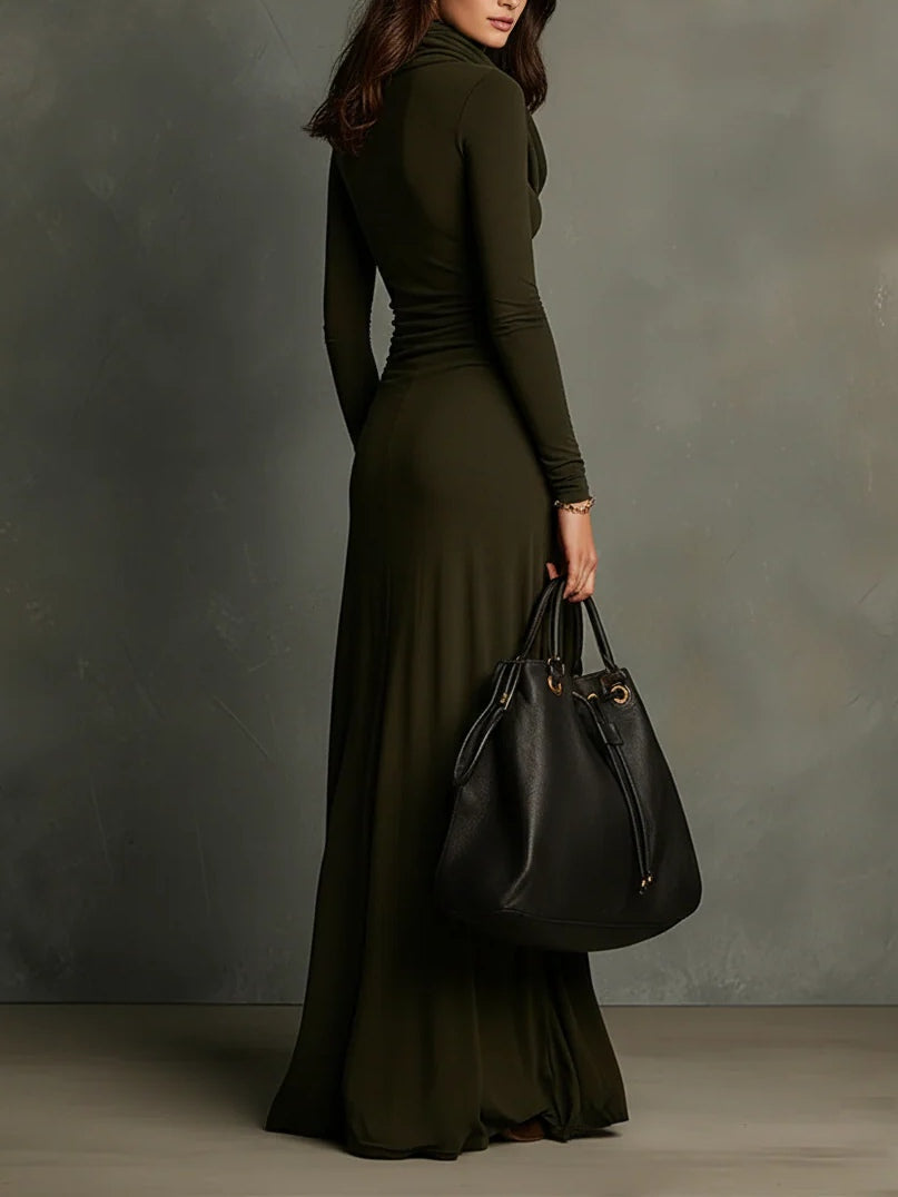 Olive Green Turtleneck Pleated Maxi Dress
