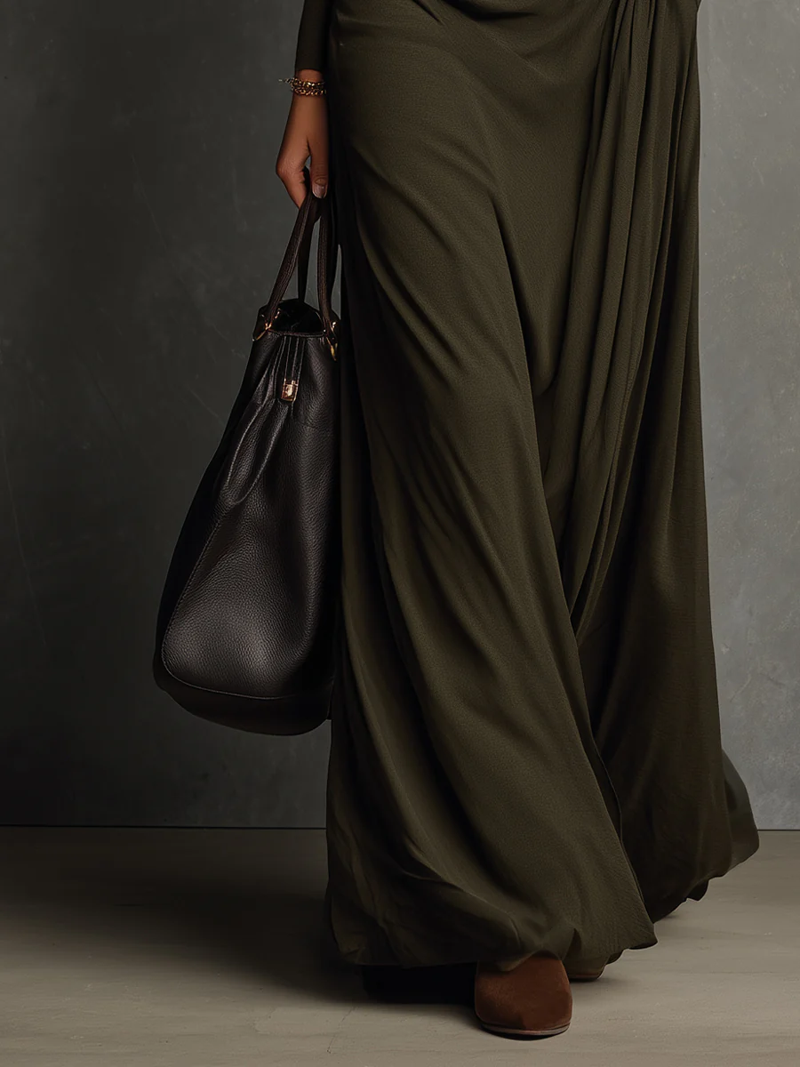 Olive Green Turtleneck Pleated Maxi Dress