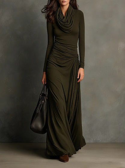 Olive Green Turtleneck Pleated Maxi Dress