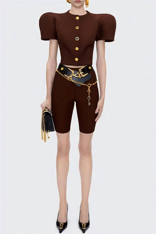 Yanisa Knit Top & Shorts Set - Brown