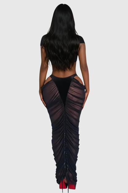 Zeusa Velvet Top & Cutout Mesh Skirt Set - Black