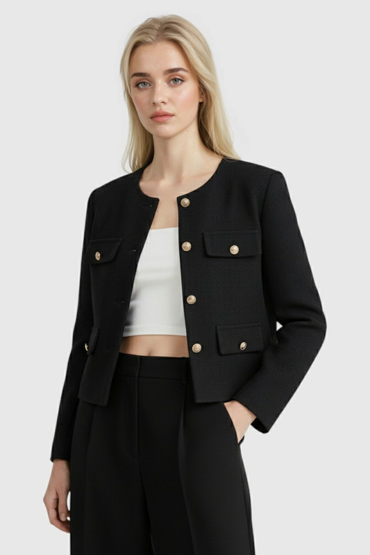 Cropped Button Jacket | Round Neck, Pocket Flaps, Regular Fit