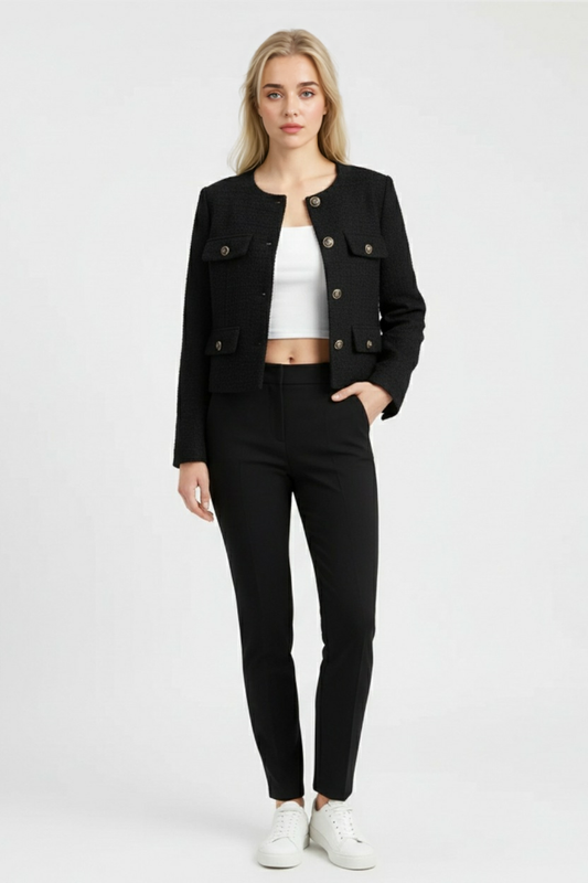 Cropped Button Jacket | Round Neck, Pocket Flaps, Regular Fit