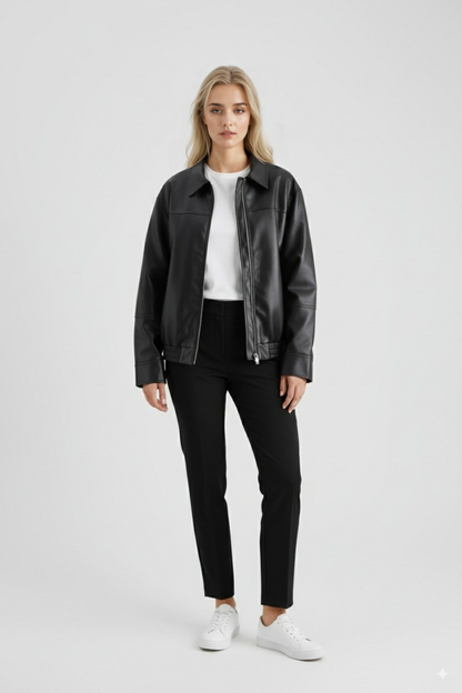 Maison Faux Leather Pilot Jacket | Zip Front Turn-Down Collar Autumn