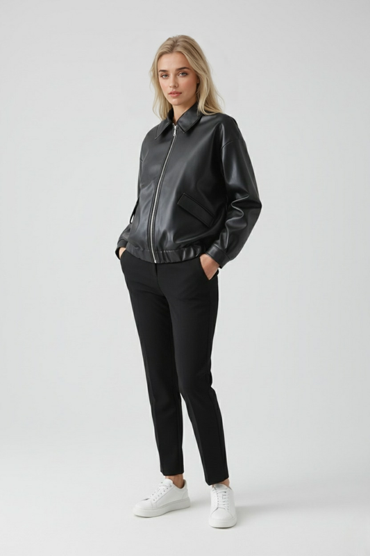 Relaxed Faux Leather Jacket | Zip Front And Elastic Hem