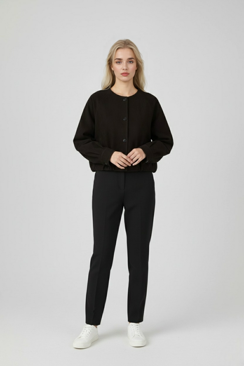 Round Neck PU Jacket | Button Front | Cropped Shape | Raglan Sleeve