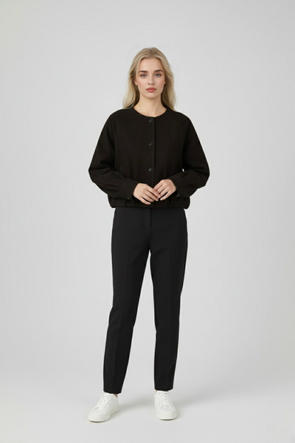 Round Neck PU Jacket | Button Front | Cropped Shape | Raglan Sleeve