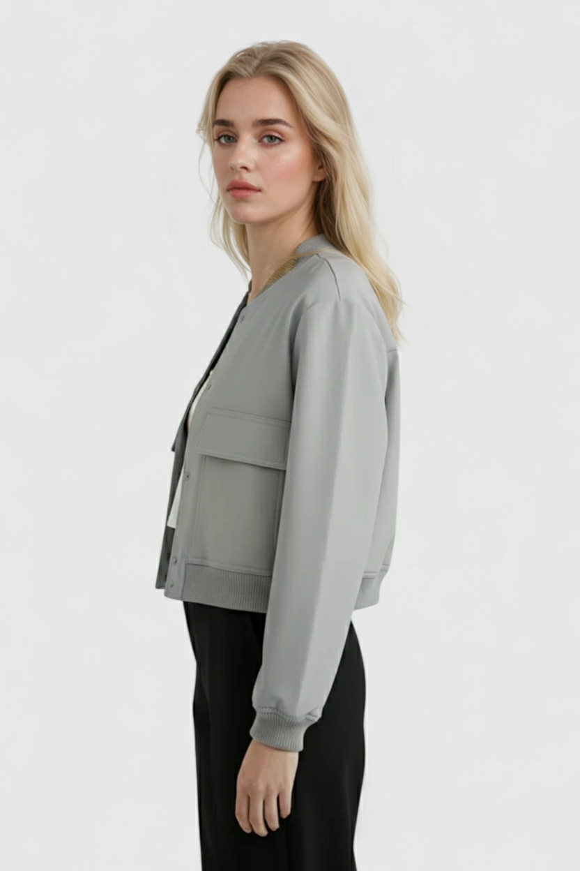 Maison Bomber Jacket | Ribbed O-Neck Button Front Relaxed Silhouette