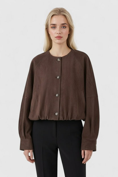 Round Neck PU Jacket | Cropped Shape | Button Front | Relaxed Fit
