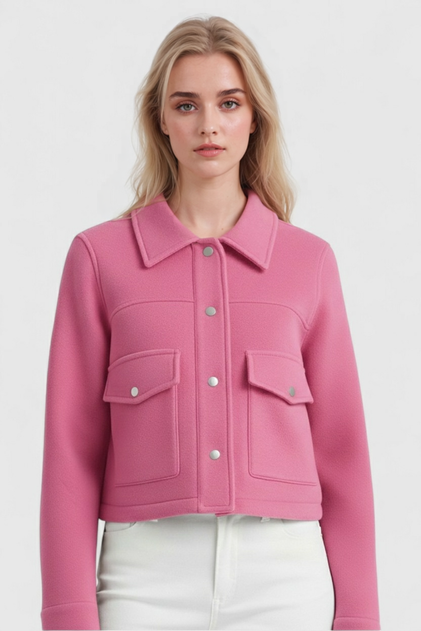Cropped Button Jacket | Square Collar, Pocket Detail, Long Sleeve
