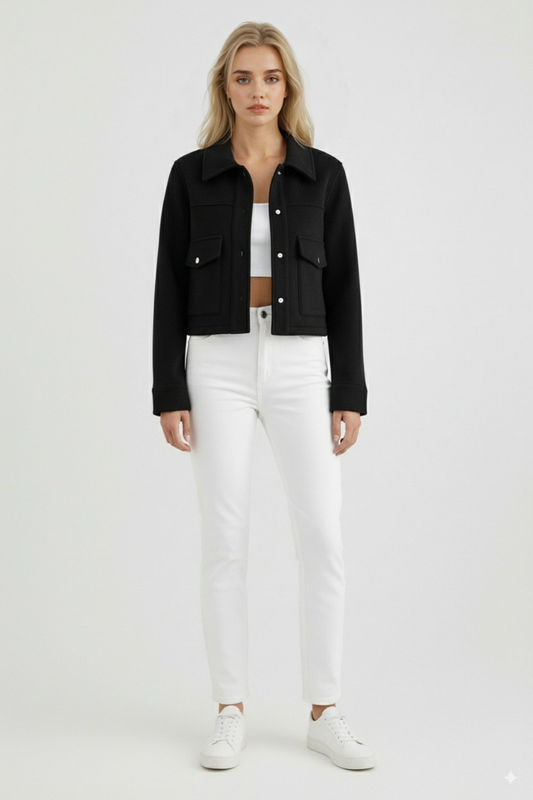 Cropped Button Jacket | Square Collar, Pocket Detail, Long Sleeve