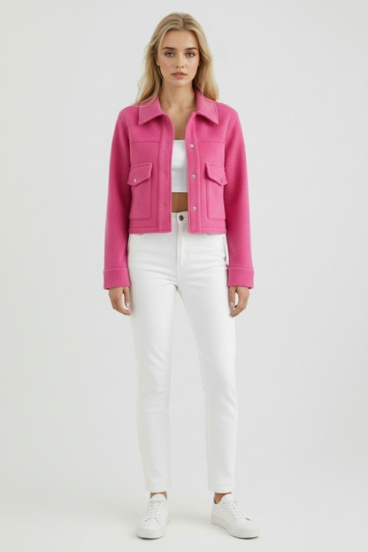 Cropped Button Jacket | Square Collar, Pocket Detail, Long Sleeve