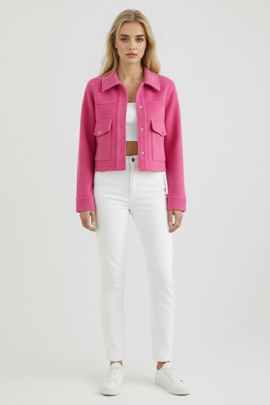 Cropped Button Jacket | Square Collar, Pocket Detail, Long Sleeve