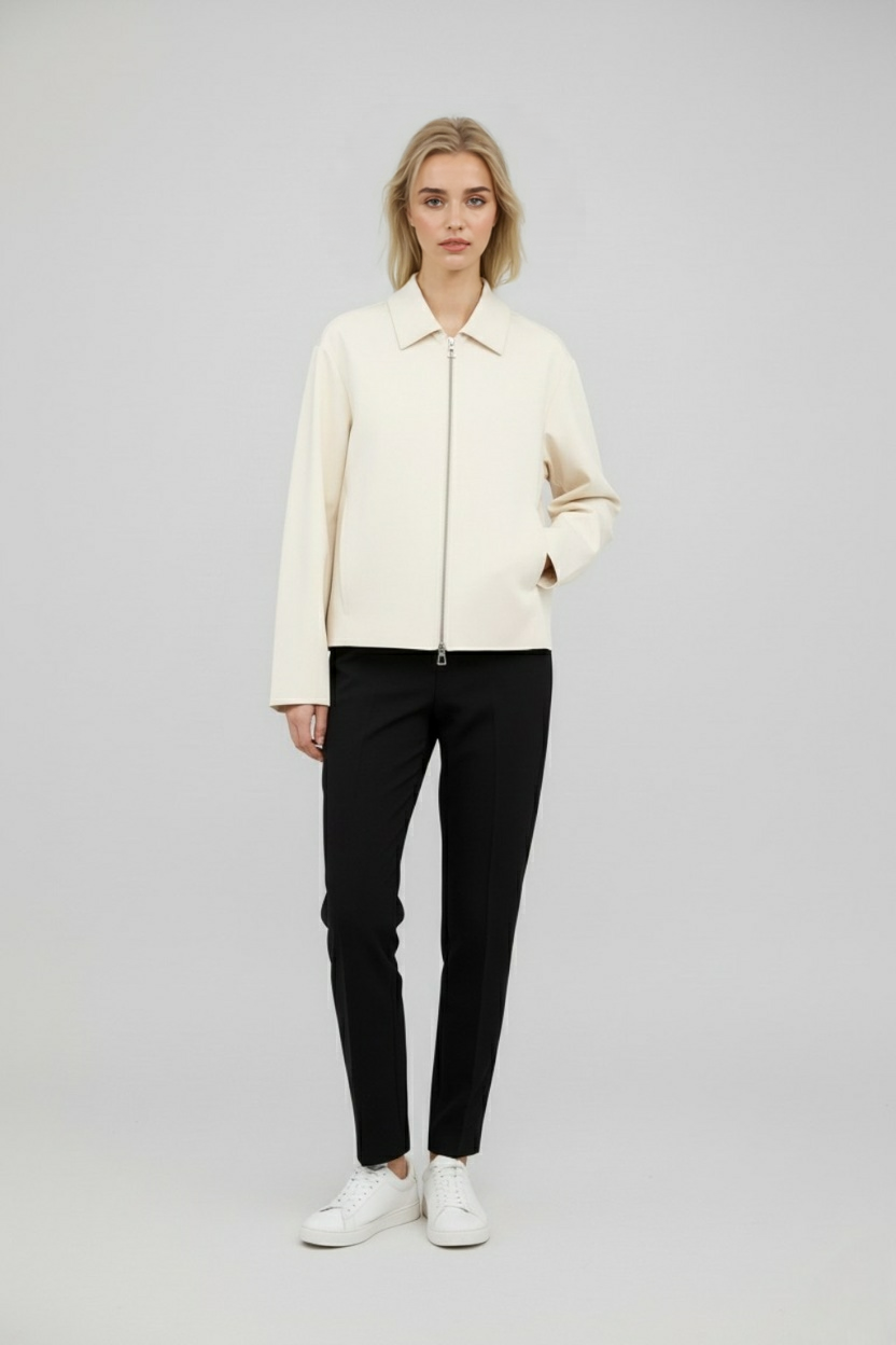 Zip Front Collar Jacket | Stretch Polyester Blend | Regular Length