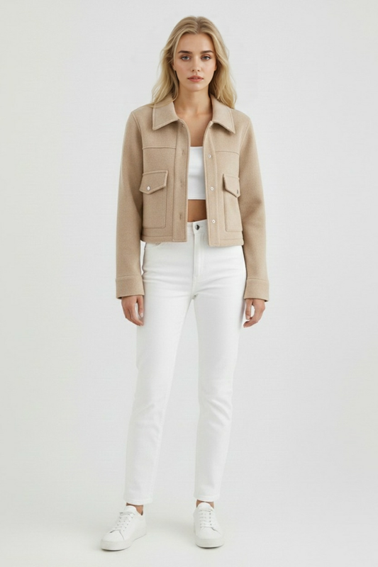 Cropped Button Jacket | Square Collar, Pocket Detail, Long Sleeve