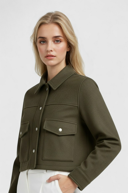 Cropped Button Jacket | Square Collar, Utility Pocket Detail