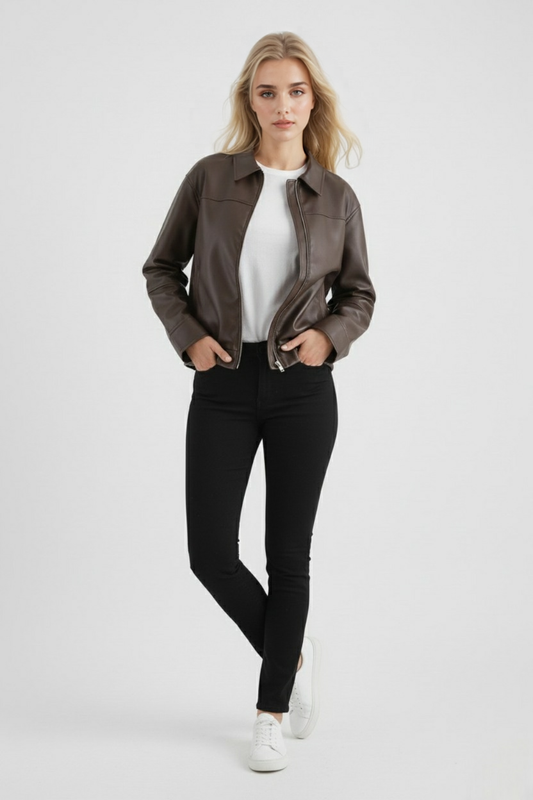 Maison Faux Leather Pilot Jacket | Zip Front Turn-Down Collar Autumn