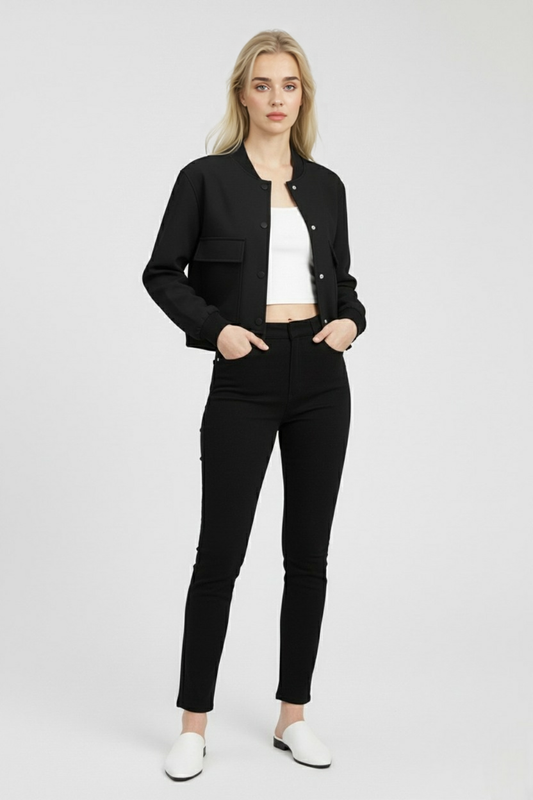 Maison Bomber Jacket | Ribbed O-Neck Button Front Relaxed Silhouette