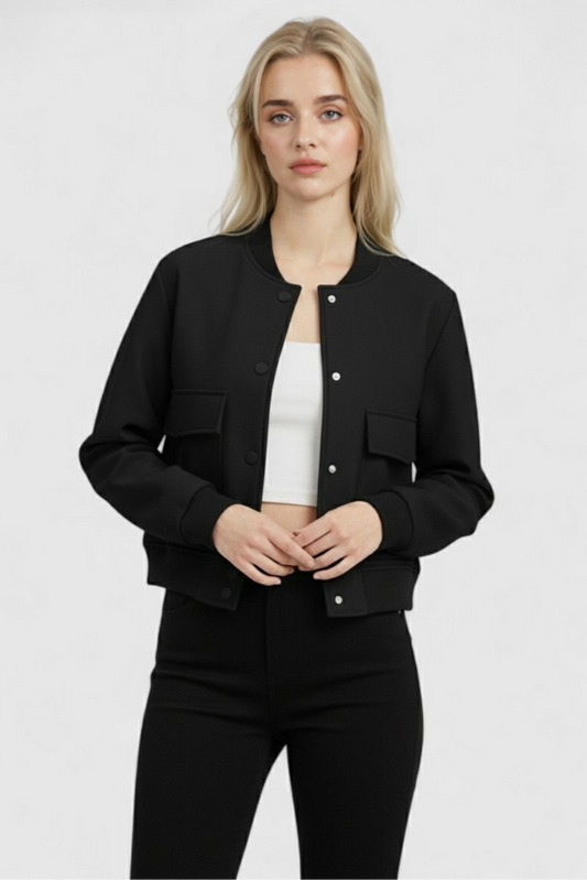 Maison Bomber Jacket | Ribbed O-Neck Button Front Relaxed Silhouette