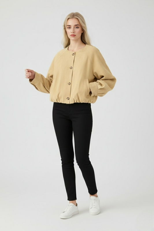 Round Neck PU Jacket | Button Front | Cropped Shape | Raglan Sleeve