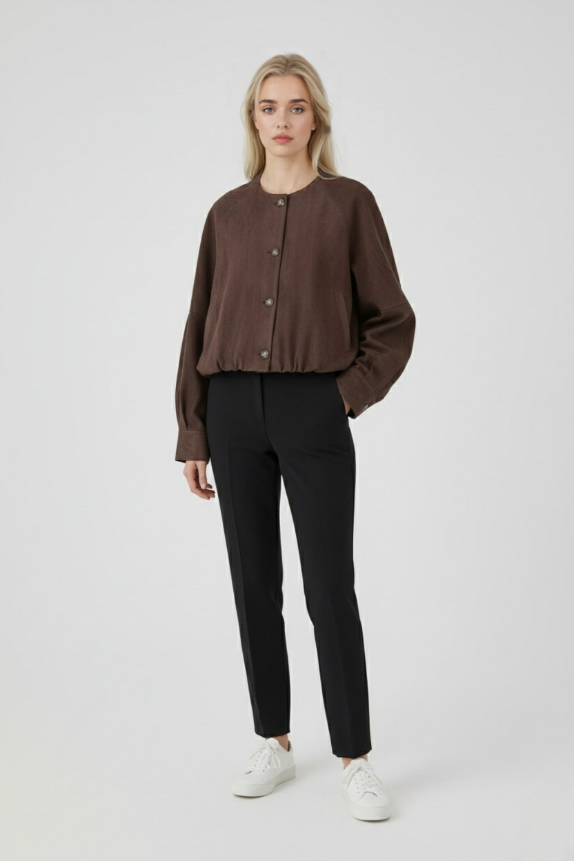 Round Neck PU Jacket | Cropped Shape | Button Front | Relaxed Fit