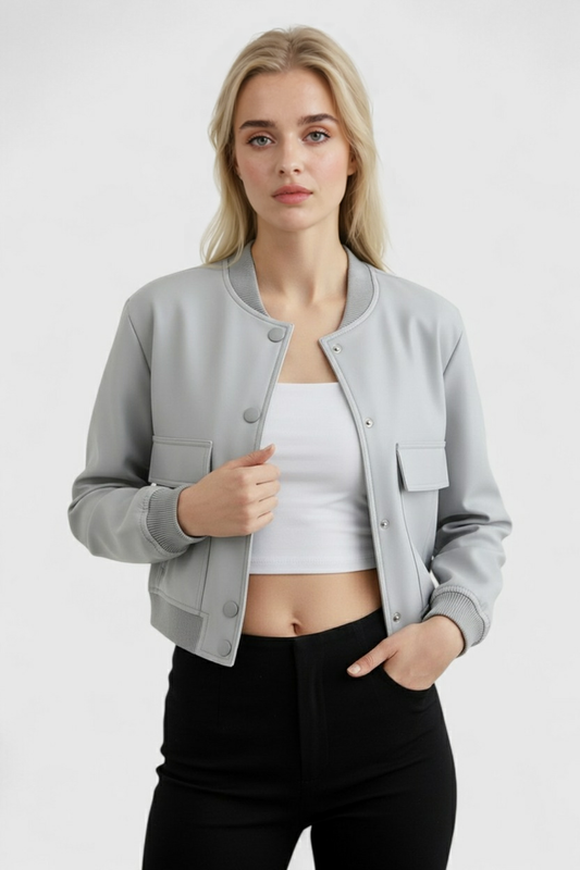 Maison Bomber Jacket | Ribbed O-Neck Button Front Relaxed Silhouette