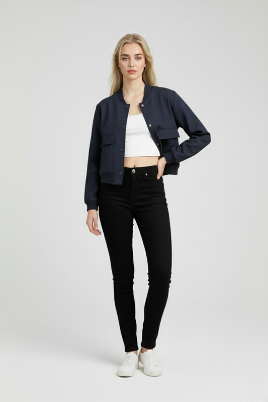 Maison Bomber Jacket | Ribbed O-Neck Button Front Relaxed Silhouette