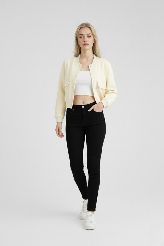 Maison Bomber Jacket | Ribbed O-Neck Button Front Relaxed Silhouette